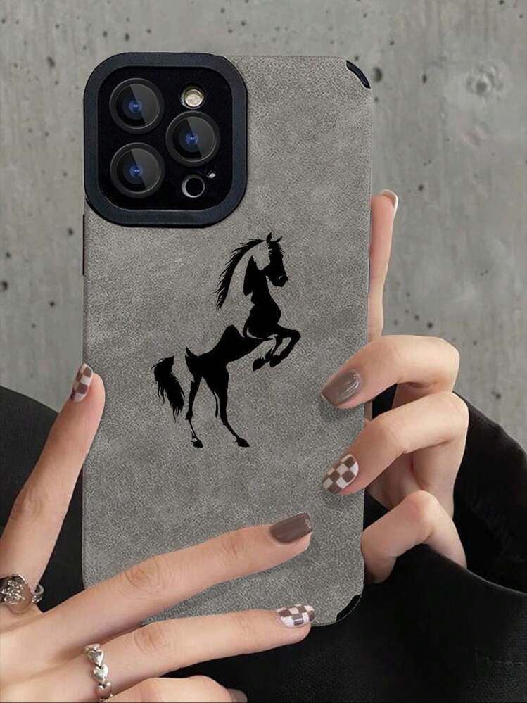 Minimalist Black Horse Silhouette Fuzzy Texture Anti-Fall Premium Phone Case