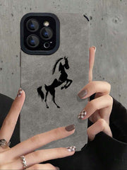 Minimalist Black Horse Silhouette Fuzzy Texture Anti-Fall Premium Phone Case