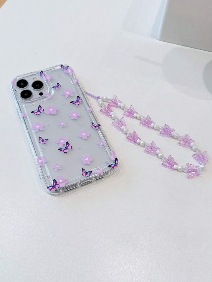 Fairycore Purple Flower & Butterfly Airbag Phone Case with Cute Butterfly Strap – Shockproof & Stylish
