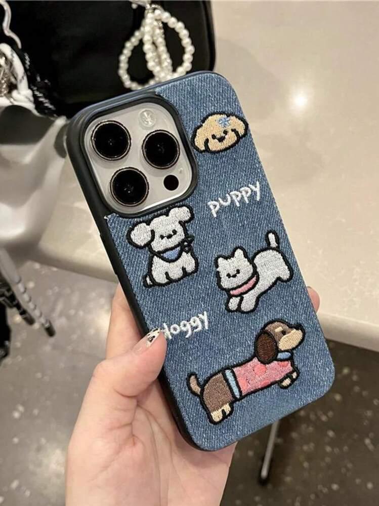 Denim Embroidered Dog Graphic Shockproof Protective Phone Case – Cute & Durable
