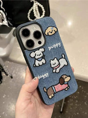 Denim Embroidered Dog Graphic Shockproof Protective Phone Case – Cute & Durable