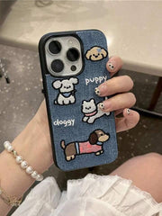 Denim Embroidered Dog Graphic Shockproof Protective Phone Case – Cute & Durable