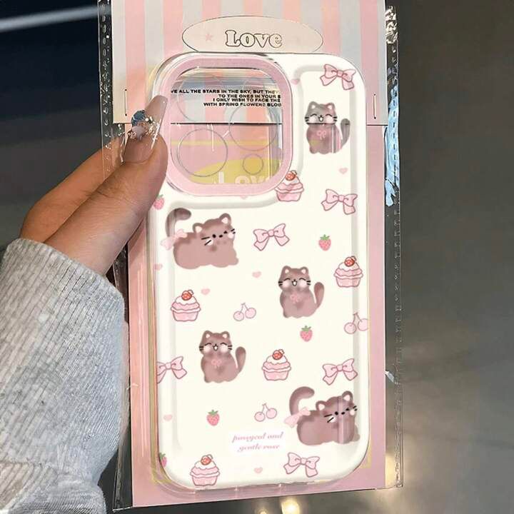 Cute Pink Strawberry Kitten Phone Case – Camera Lens, Cupcake & Bow Design, Perforated Style