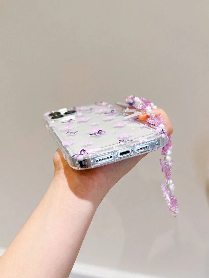 Fairycore Purple Flower & Butterfly Airbag Phone Case with Cute Butterfly Strap – Shockproof & Stylish
