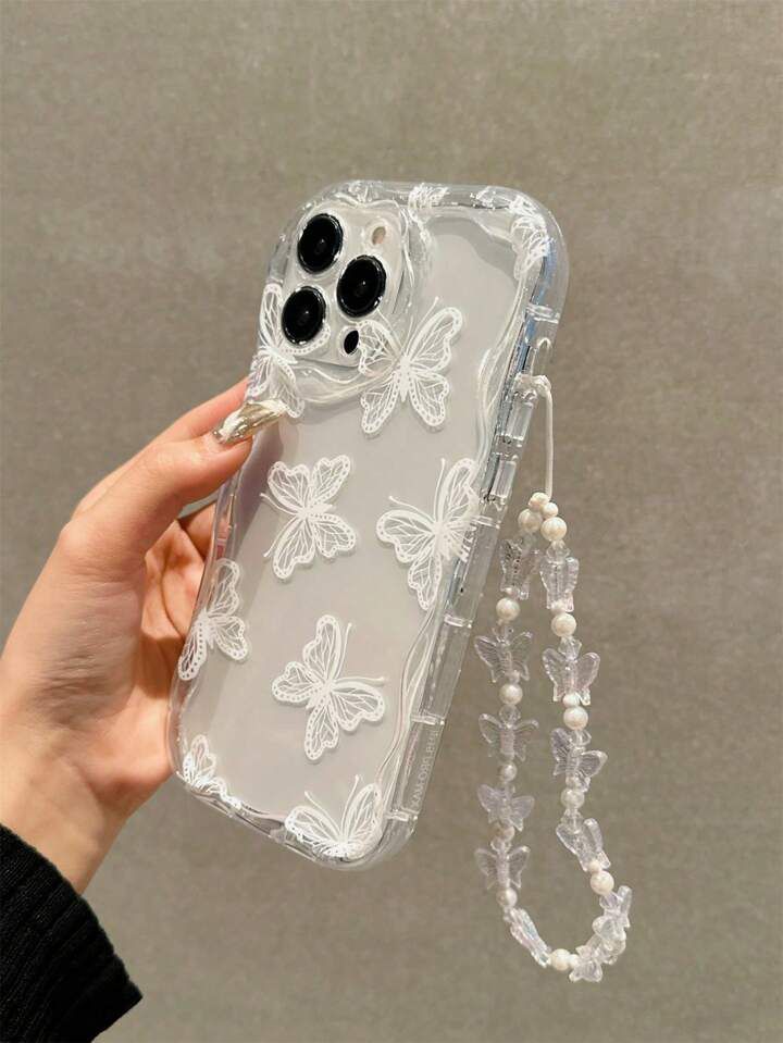 1pc Transparent TPU Butterfly Phone Case with Strap – Shockproof Full Protection for iPhone