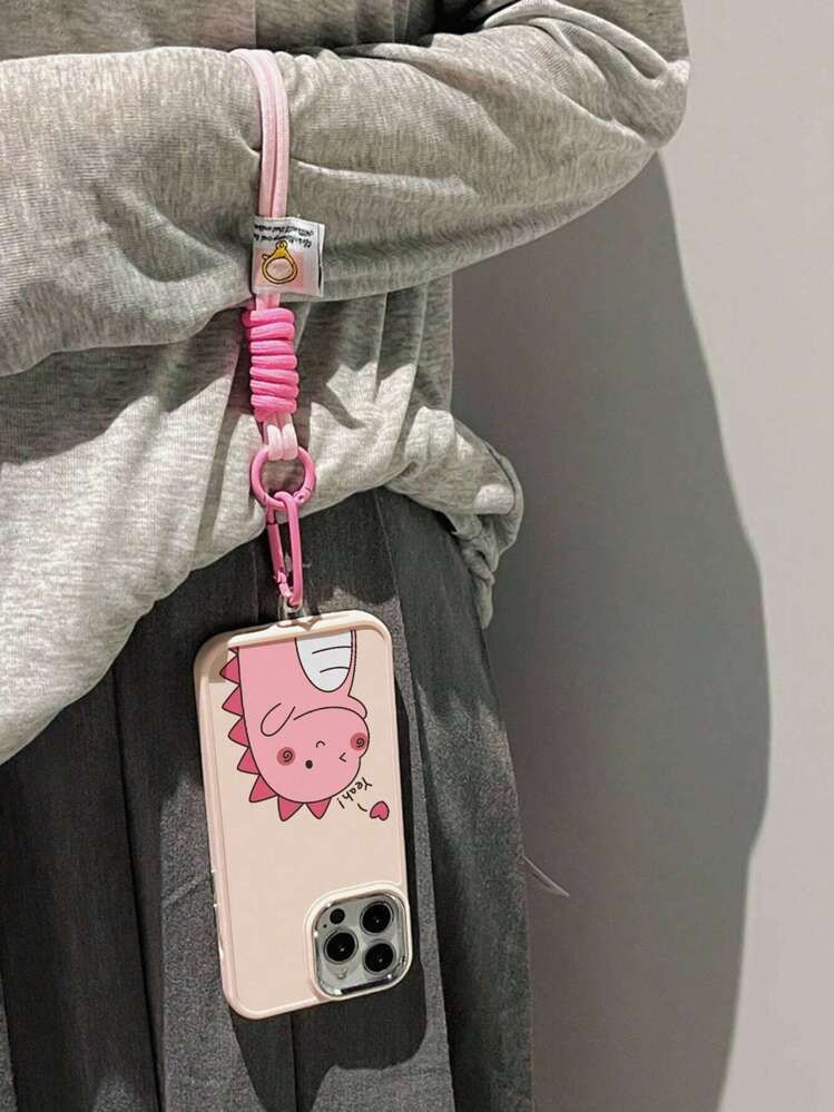 Pink Dinosaur Couple Phone Case with Metallic Lens Cover & Nylon Charm Lanyard