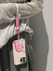 Pink Dinosaur Couple Phone Case with Metallic Lens Cover & Nylon Charm Lanyard