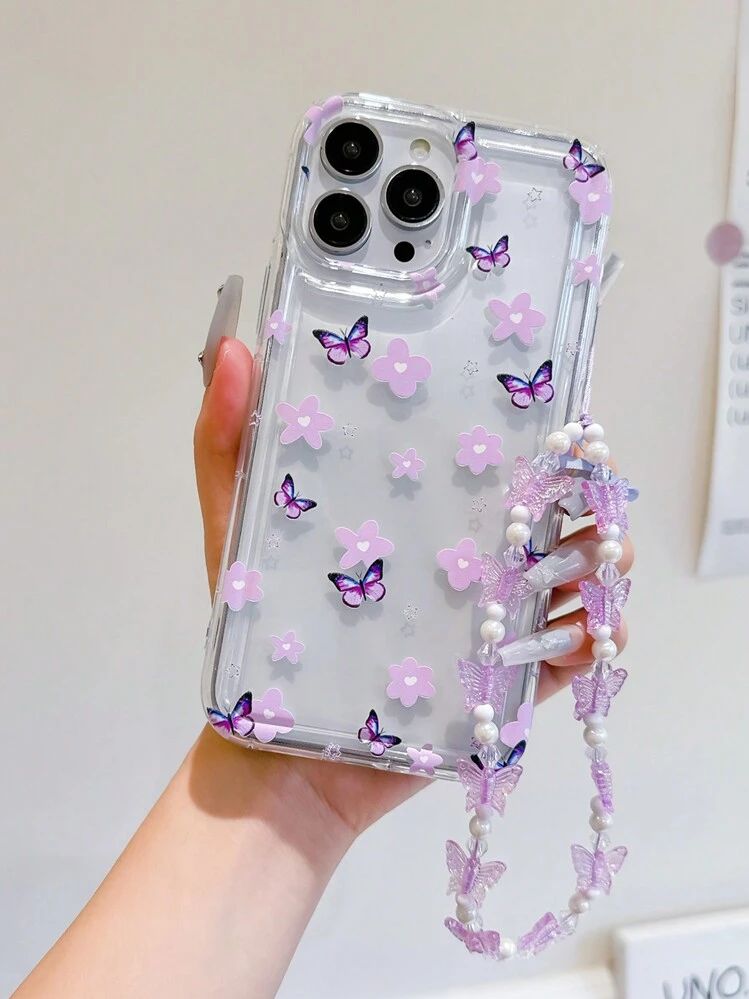 Fairycore Purple Flower & Butterfly Airbag Phone Case with Cute Butterfly Strap – Shockproof & Stylish