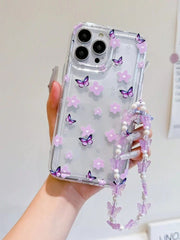 Fairycore Purple Flower & Butterfly Airbag Phone Case with Cute Butterfly Strap – Shockproof & Stylish