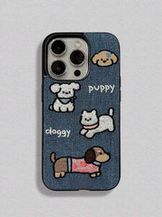 Denim Embroidered Dog Graphic Shockproof Protective Phone Case – Cute & Durable