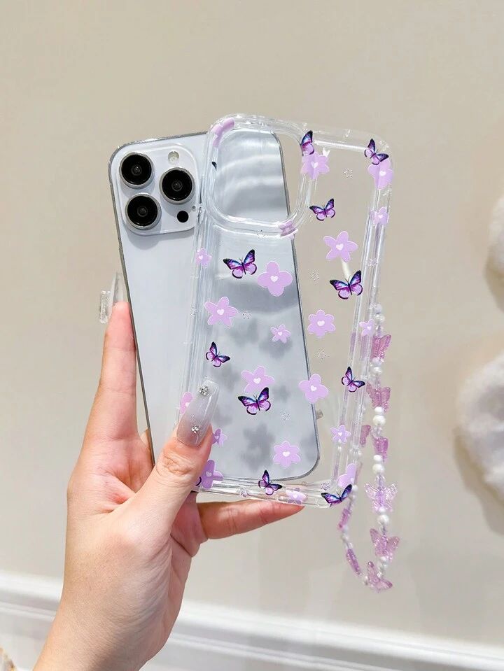 Fairycore Purple Flower & Butterfly Airbag Phone Case with Cute Butterfly Strap – Shockproof & Stylish