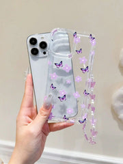 Fairycore Purple Flower & Butterfly Airbag Phone Case with Cute Butterfly Strap – Shockproof & Stylish
