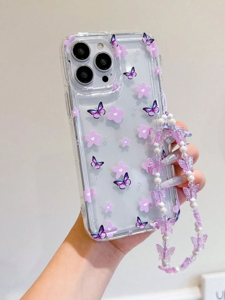Fairycore Purple Flower & Butterfly Airbag Phone Case with Cute Butterfly Strap – Shockproof & Stylish