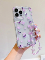 Fairycore Purple Flower & Butterfly Airbag Phone Case with Cute Butterfly Strap – Shockproof & Stylish