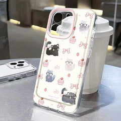 Cute Pink Strawberry Kitten Phone Case – Camera Lens, Cupcake & Bow Design, Perforated Style