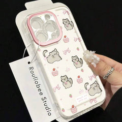 Cute Pink Strawberry Kitten Phone Case – Camera Lens, Cupcake & Bow Design, Perforated Style