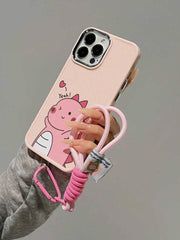 Pink Dinosaur Couple Phone Case with Metallic Lens Cover & Nylon Charm Lanyard