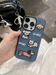 Denim Embroidered Dog Graphic Shockproof Protective Phone Case – Cute & Durable