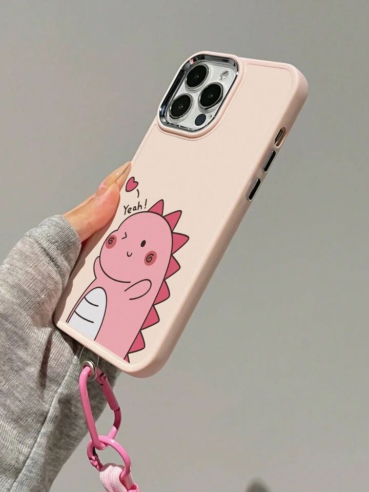 Pink Dinosaur Couple Phone Case with Metallic Lens Cover & Nylon Charm Lanyard
