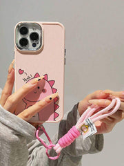 Pink Dinosaur Couple Phone Case with Metallic Lens Cover & Nylon Charm Lanyard