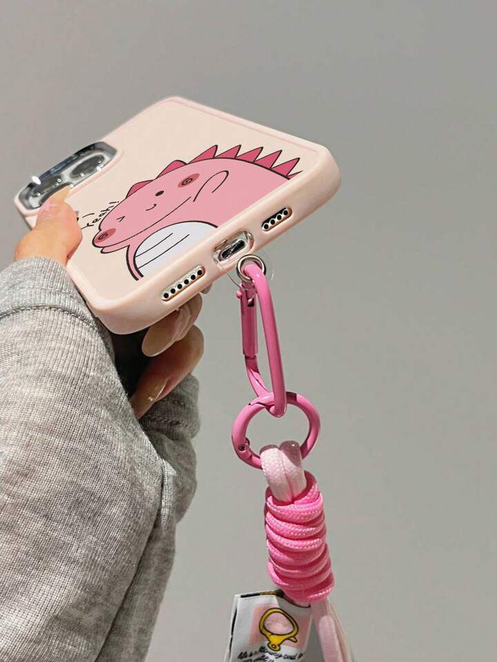 Pink Dinosaur Couple Phone Case with Metallic Lens Cover & Nylon Charm Lanyard